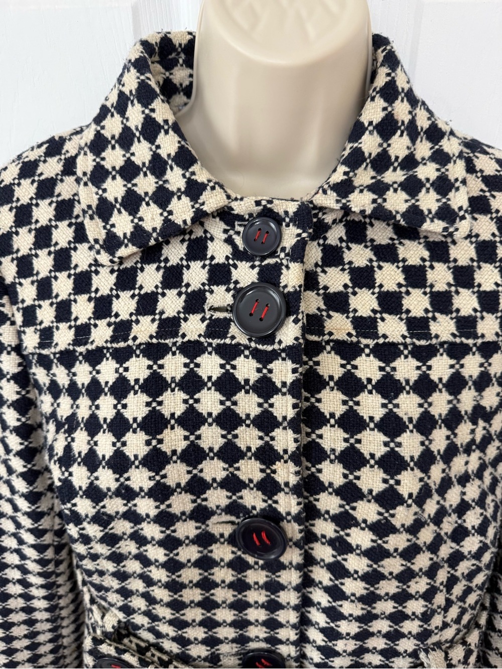 Tommy Hilfiger Wool Blend Pattern Coat Navy Ivory Belted Peacoat Size 10 - Picture 4 of 12